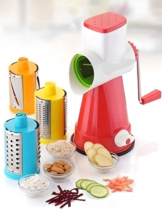 4-in-1 Rotary Drum Vegetable Grater and Slicer with Stainless Steel Blades